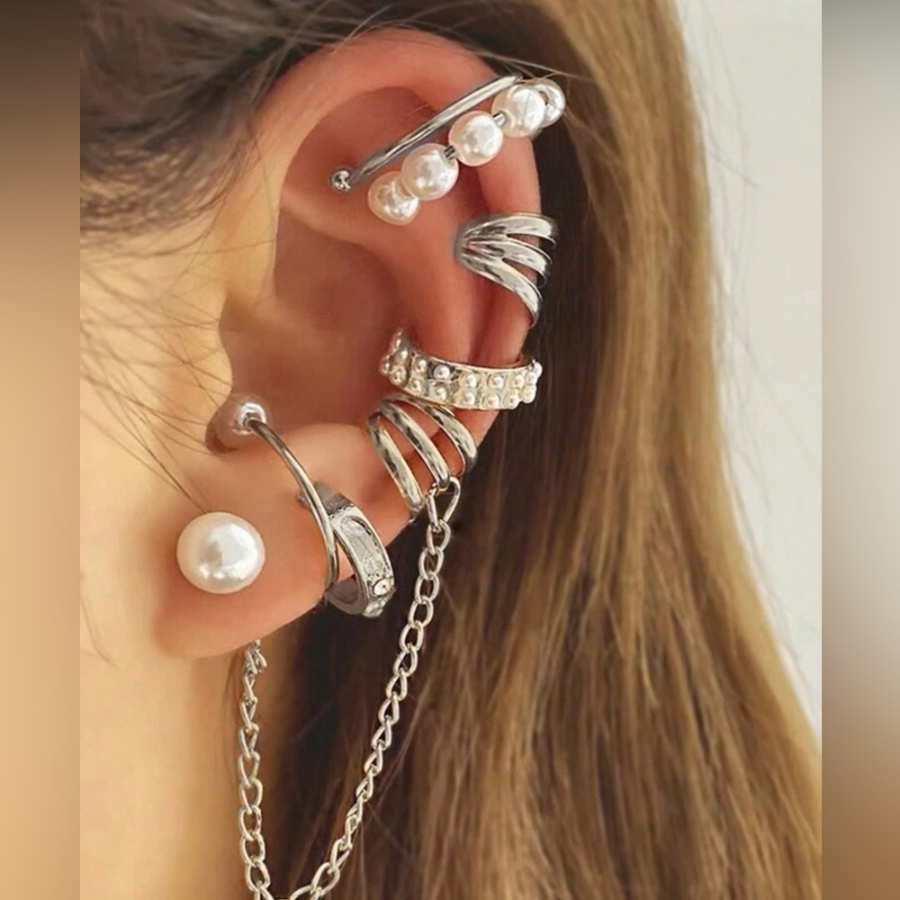 Silver 8pc Ear Cuff Earring Set